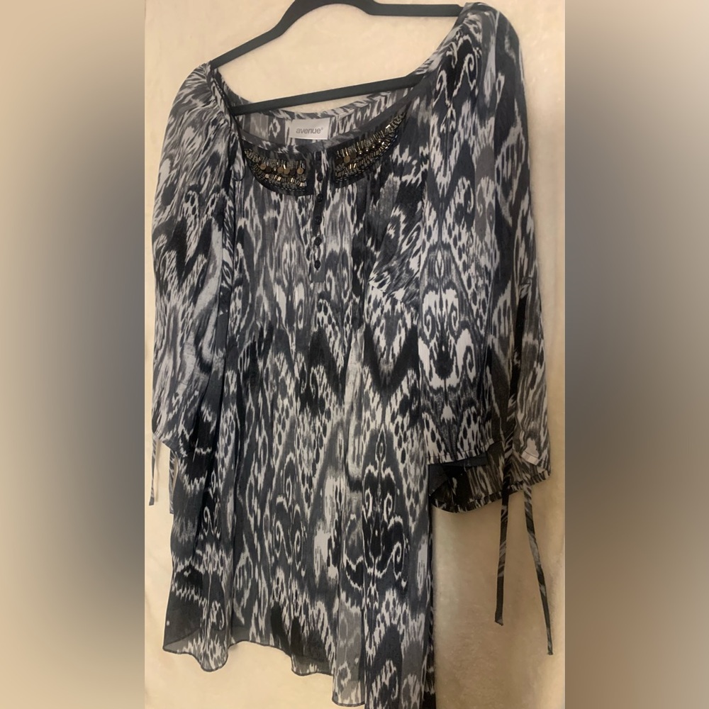 Avenue Flowy Semi Sheer Top - Neckline Bling - Black Grey White Plus Size 18/20